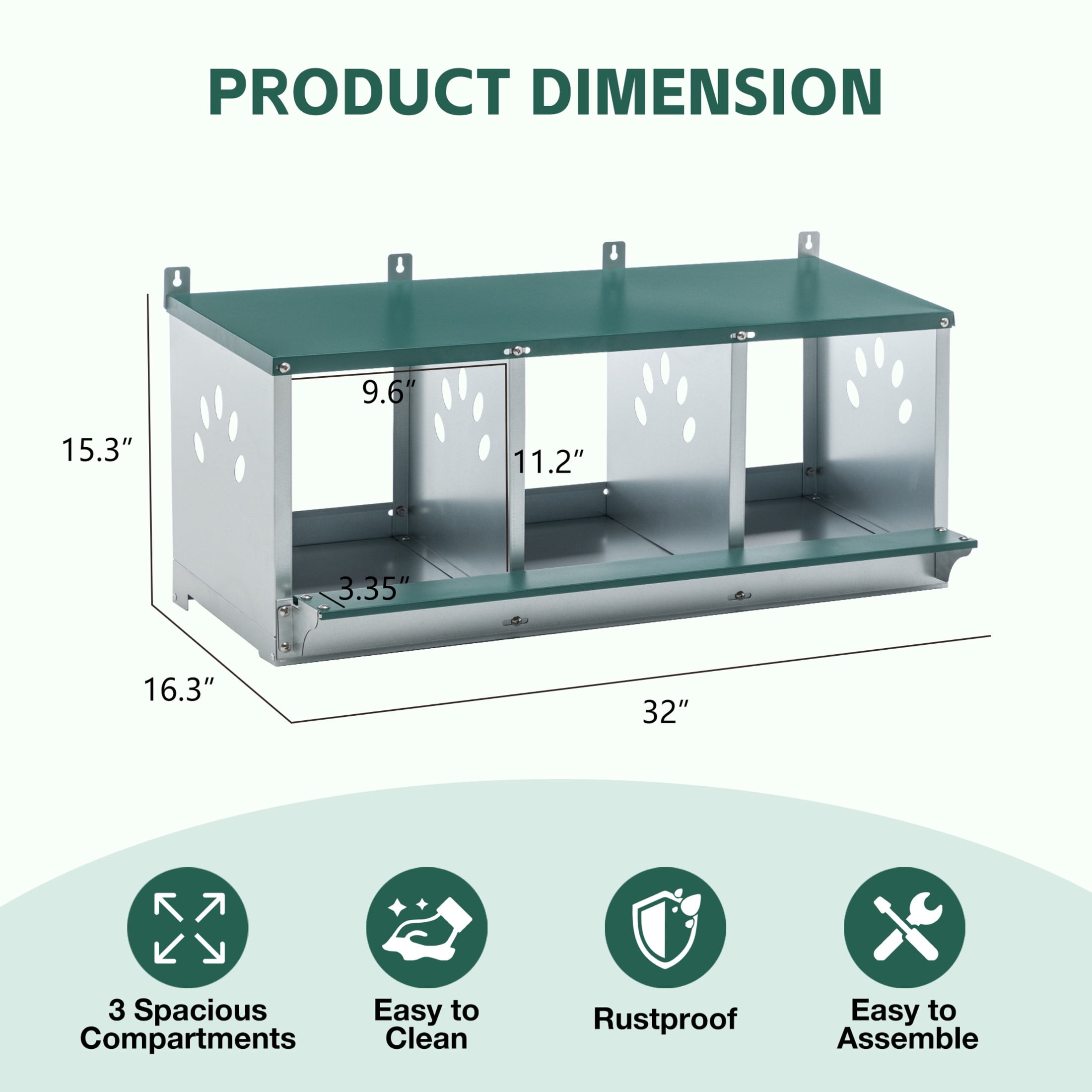 Noble House 3-Hole Steel Chicken Nesting Box with Sloped Roof and Egg Collection Incline, for Hens, Ducks, Green