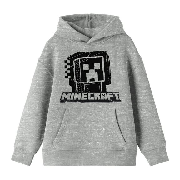 Minecraft Monochrome Creeper Long Sleeve Athletic Heather Youth Hooded Sweatshirt-Medium