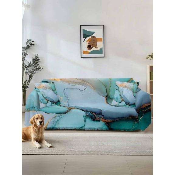 Turquoise Marble Couch Cover for 2 Cushion Sofa, Farmhouse Abstract Ombre Texture Washable Loveseat Sofa Covers Slipcover for Sectional Sofas L-Shaped, Couch Throw Cover 71"x118"