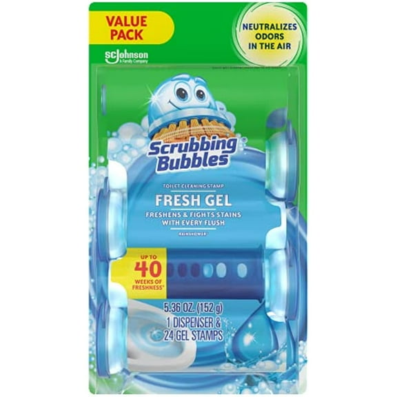 Scrubbing Bubbles Fresh Gel Toilet Cleaning Stamp, Rainshower, Dispenser With 24 Gel Stamps, 5.36 Oz
