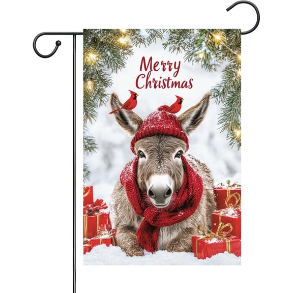 Christmas Funny Donkey Garden Flag 12x18 Inch Double Sided Vertical Burlap Yard Flag Merry Xmas Winter Holiday Outdoor Decoration