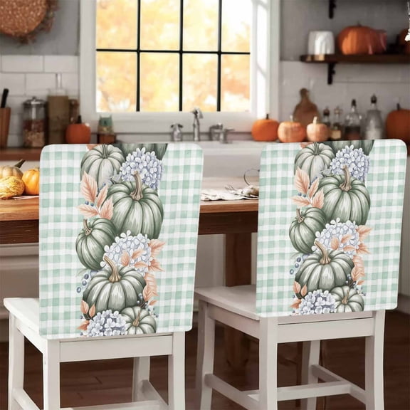 Thanksgiving Chair Covers Set of 4 Teal Pumpkin Floral Country Plaids Chair Back Covers Stretch Removable Washable Slipcovers Protector for Dining Room Kitchen Party Decor
