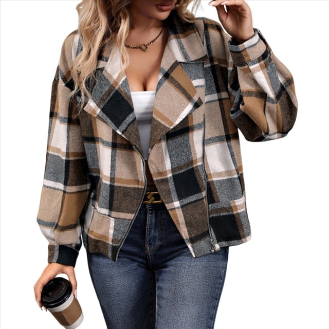 Chaqueta de Franela para Mujer, Camisa A Cuadros A , Abrigo de Otoño, Tops Caqui S