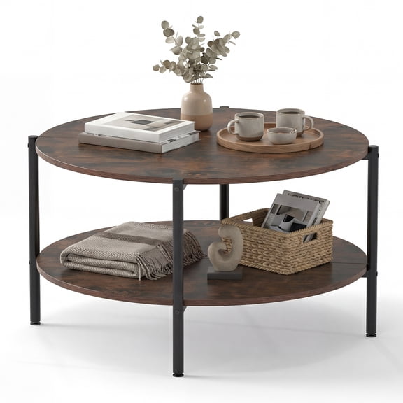 Patiojoy 2-Tier Round Coffee Table Industrial Accent Table with Open Storage Shelf