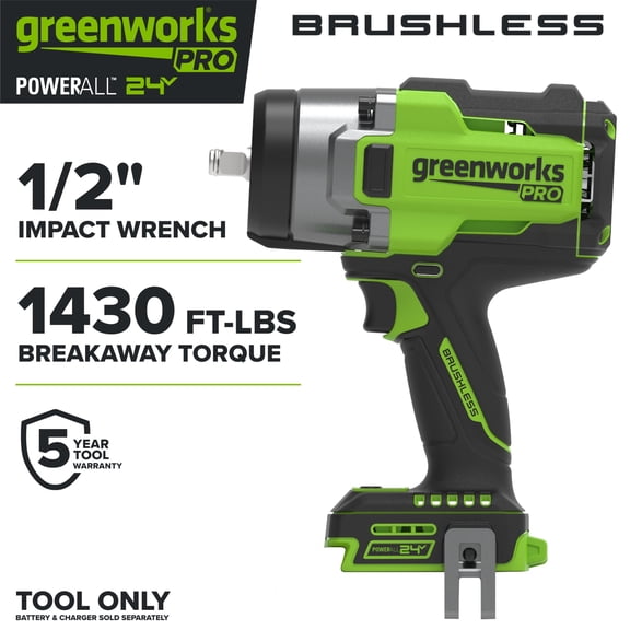Greenworks Pro PowerAll 24V Brushless 1,430 ft-lb Breakaway Torque 1/2" Impact Wrench, Tool Only, IW51500A1