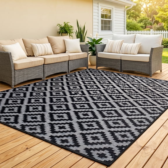 UNTIMATY 6'×9' Outdoor Rug Waterproof Patio Carpet Outdoor Area Rug Large Plastic Straw Mat for RV Camping Porch Deck Balcony, Black and Gray