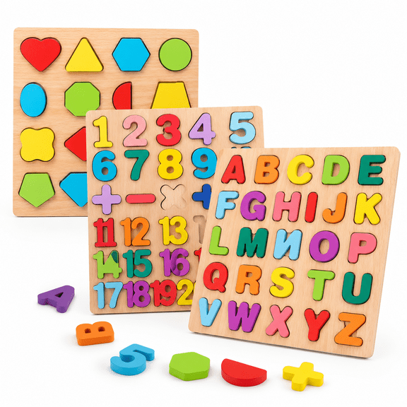 Wooden Puzzle for Kids,Set of 3 Pack Educational Boards,Alphabet Shape,Numbers 1-20,Shape,Ages 3,4,5,Perfect for Montessori Kids