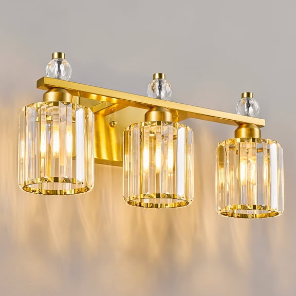 Deyidn 3-Light Gold Bathroom Light Fixtures,Modern Bathroom Vanity Lights Fixture with Clear Crystal Glass Shade, Modern Crystal 3 Lights Wall Sconce for Mirror Bedroom Living Room