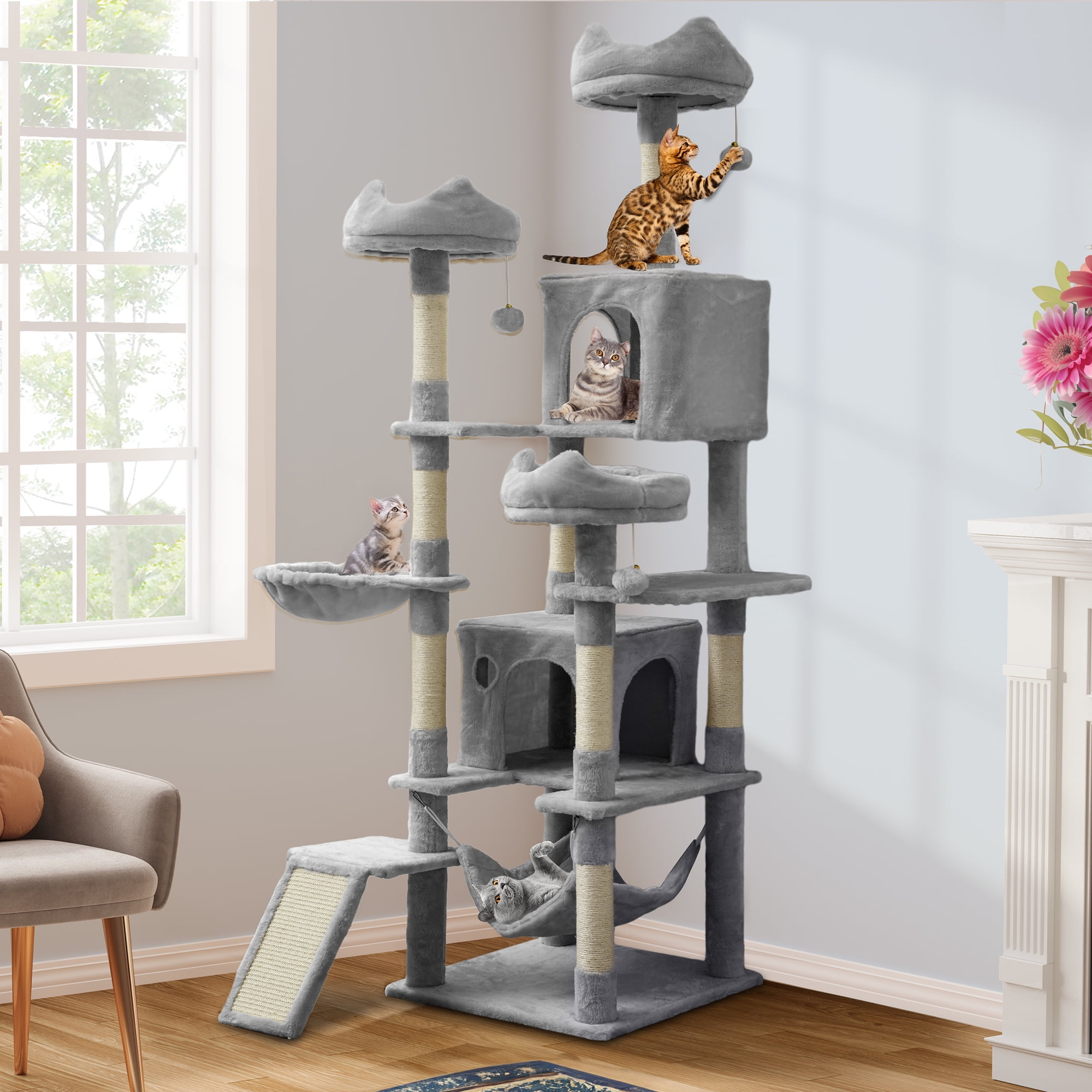 75" Multi-Level Cat Tree Tower with Cat Condos, Perches, Hammocks, Scratching Posts Board, Large Cat Activity Center,Light Grey