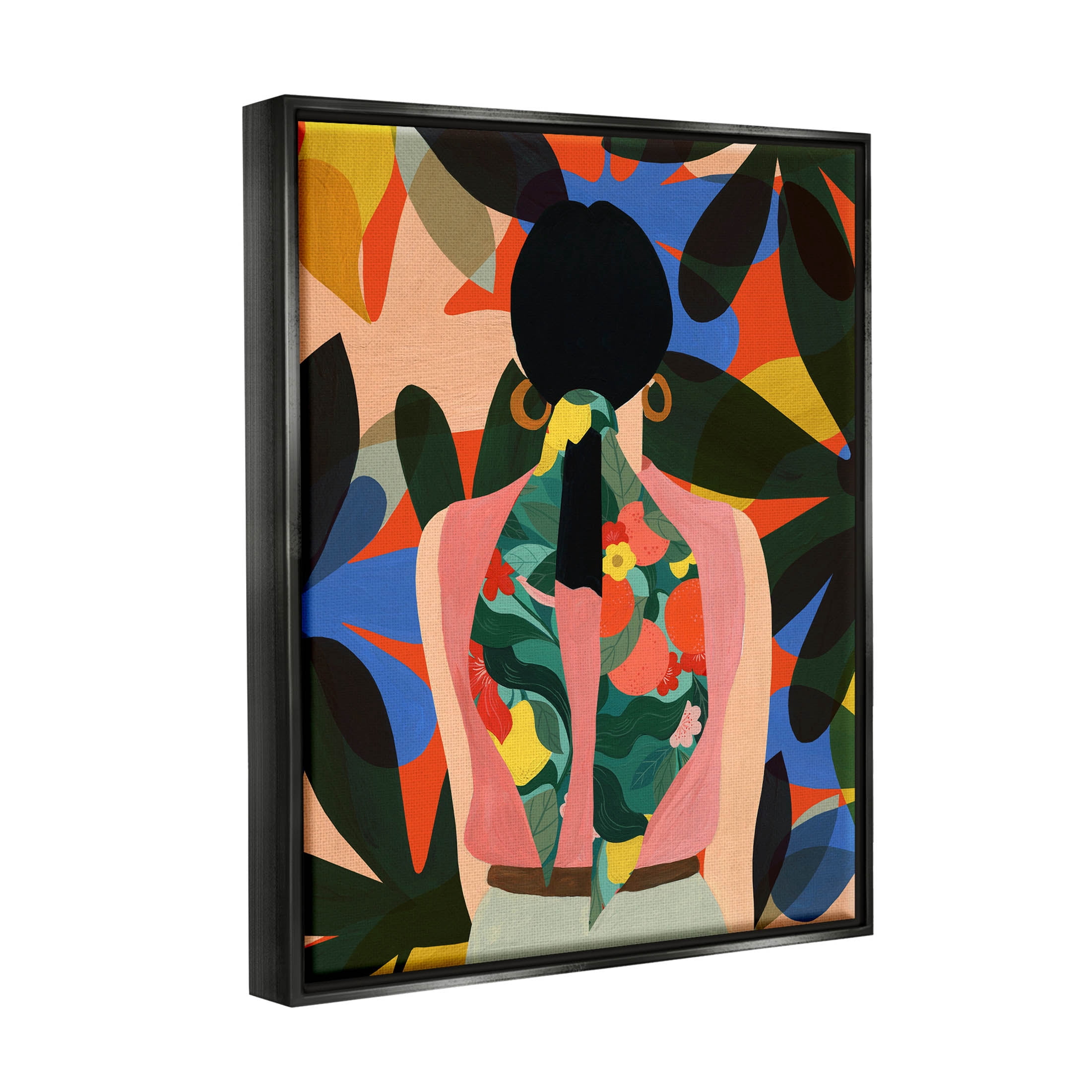 Stupell Industries Contemporary Floral Patterned Girl Graphic Art Jet Black Floating Framed Canvas Print Wall Art, Design by Emily Kopcik