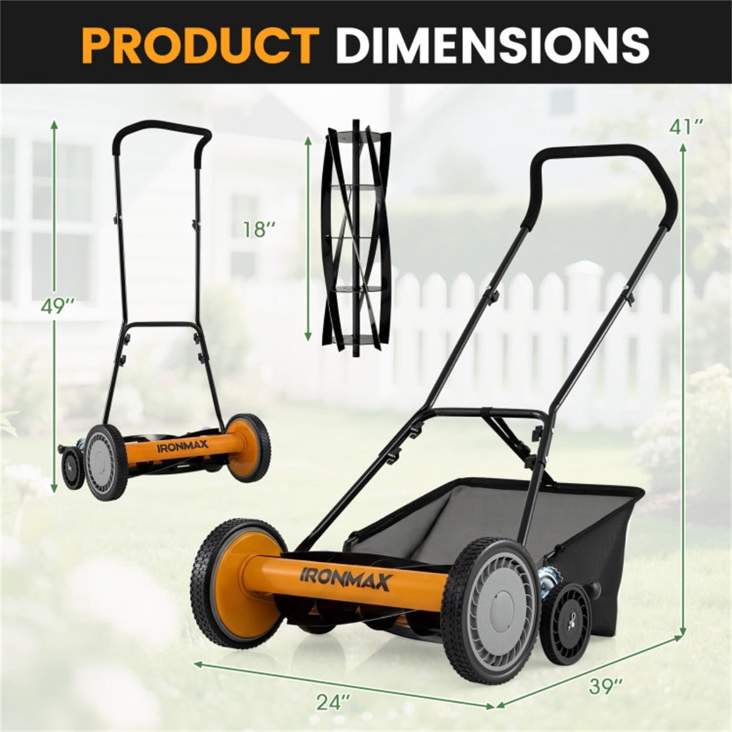 18-Inch 5-Blade Push Reel Lawn Mower with Grass Catcher, Manual Walk-Behind Mower with 4-Level Height Adjustment - Orange
