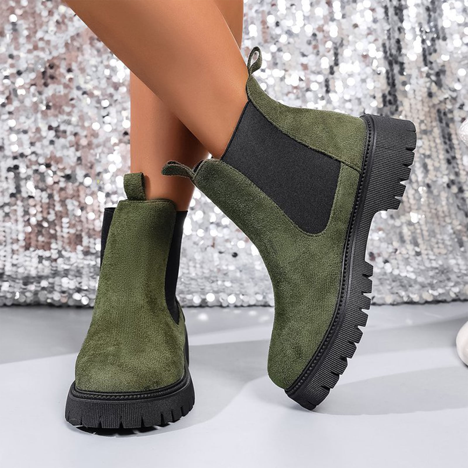 Willtoo Womens Lug Sole Platform Ankle Booties Chelsea Slip on Chunky Block Heel Faux Leather Boots