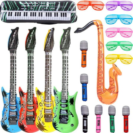 Inflatable Rock Star Toy Set - 18 Pack Inflatable Party Props - 4 Inflatable Guitar, 6 Microphones, 6 Shutter Shading Glasses, 1 Saxophone and 1 Inflatable Keyboard Piano Inflatable Rock toys