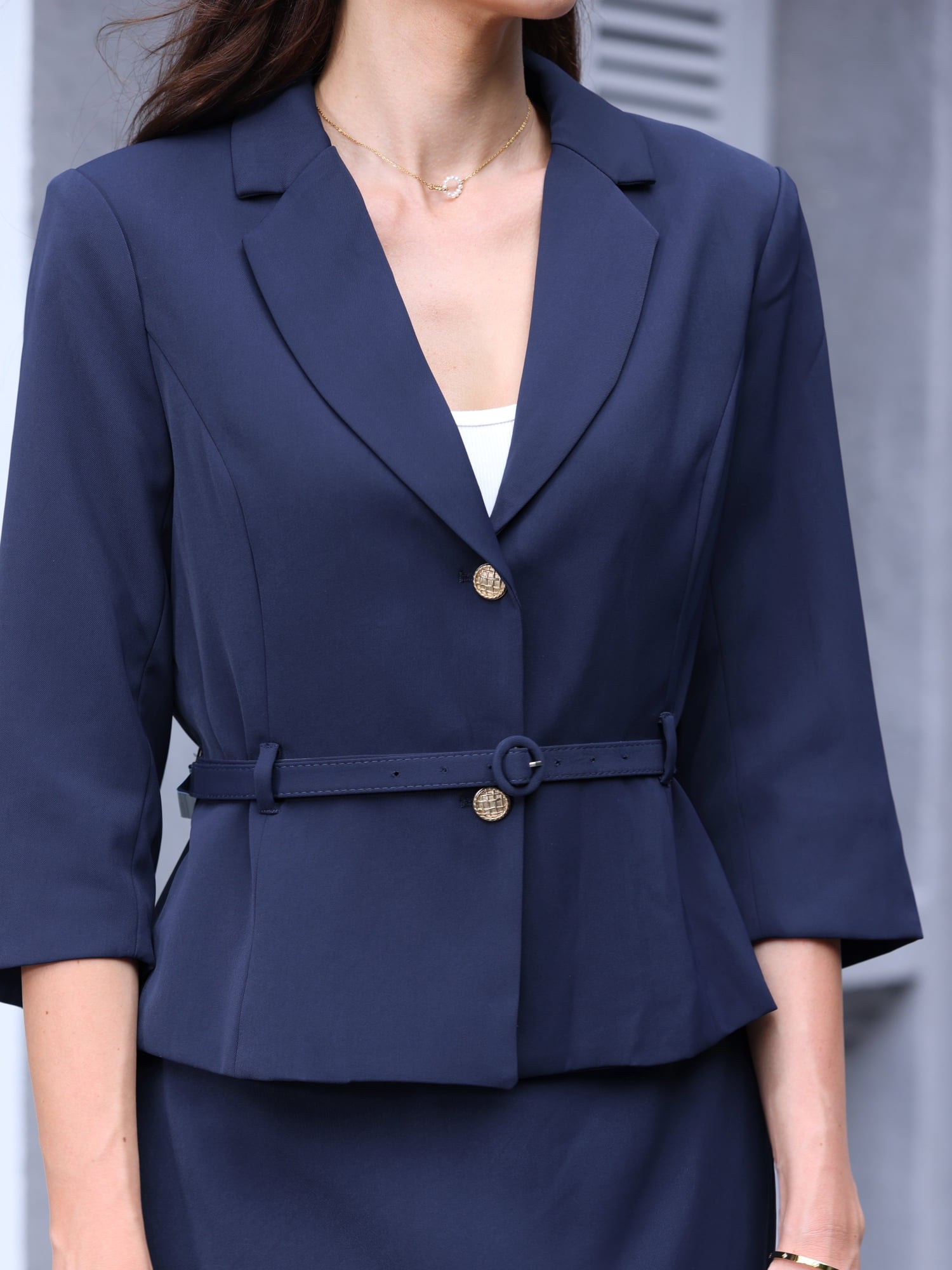 DARING DIVA 2Pcs Women's Business Dressy 3/4 Sleeve Suit Blazer Skirt Set S Navy Blue