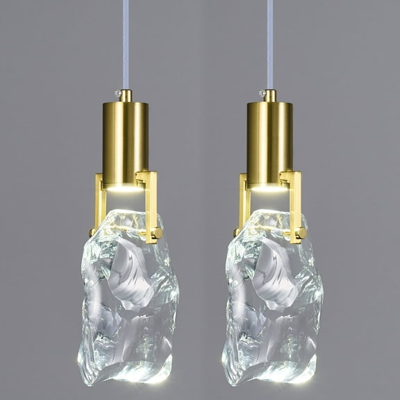 LMQNINE Gold Crystal Pendant Lights,Irregular Transparent LED Mini Pendant Lighting for Kitchen Island, Dining Room, Bedroom,3-Pack