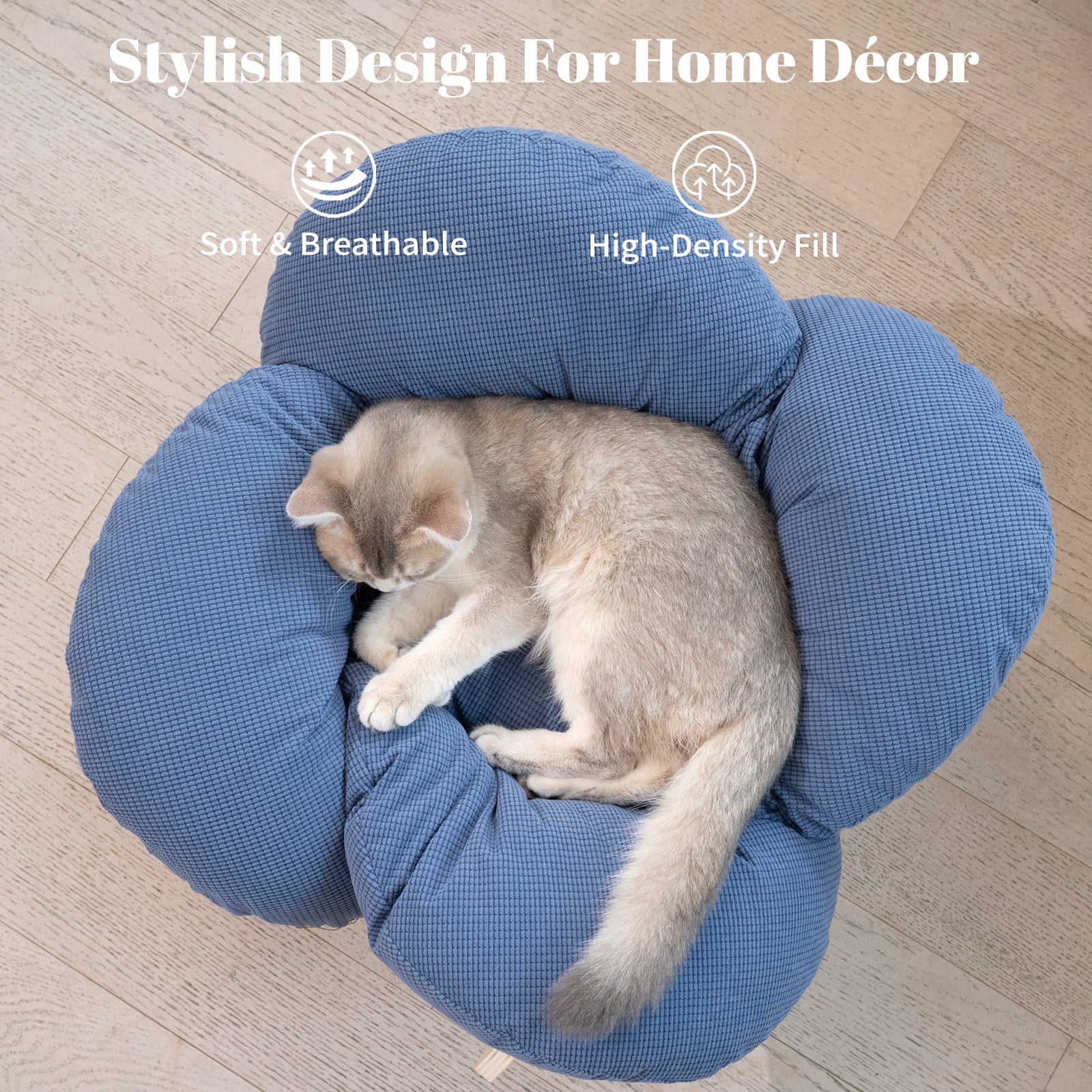 CheerPals Elevated Cat Bed Wooden with Cushion Fluffy Pet Couch Sofa for Indoor Cats Raised Kitty Lounge Chair Suitable for Puppy, Cat Furniture(Dark Blue)