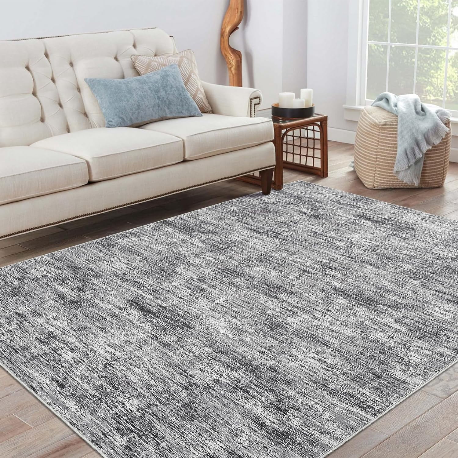 8x10 Washable Rug Non-Slip Modern Abstract Area Rug Stain Resistant Large Rug Contemporary Accent Throw Floor Carpet Solid Rug Dining Home Ivory/Grey