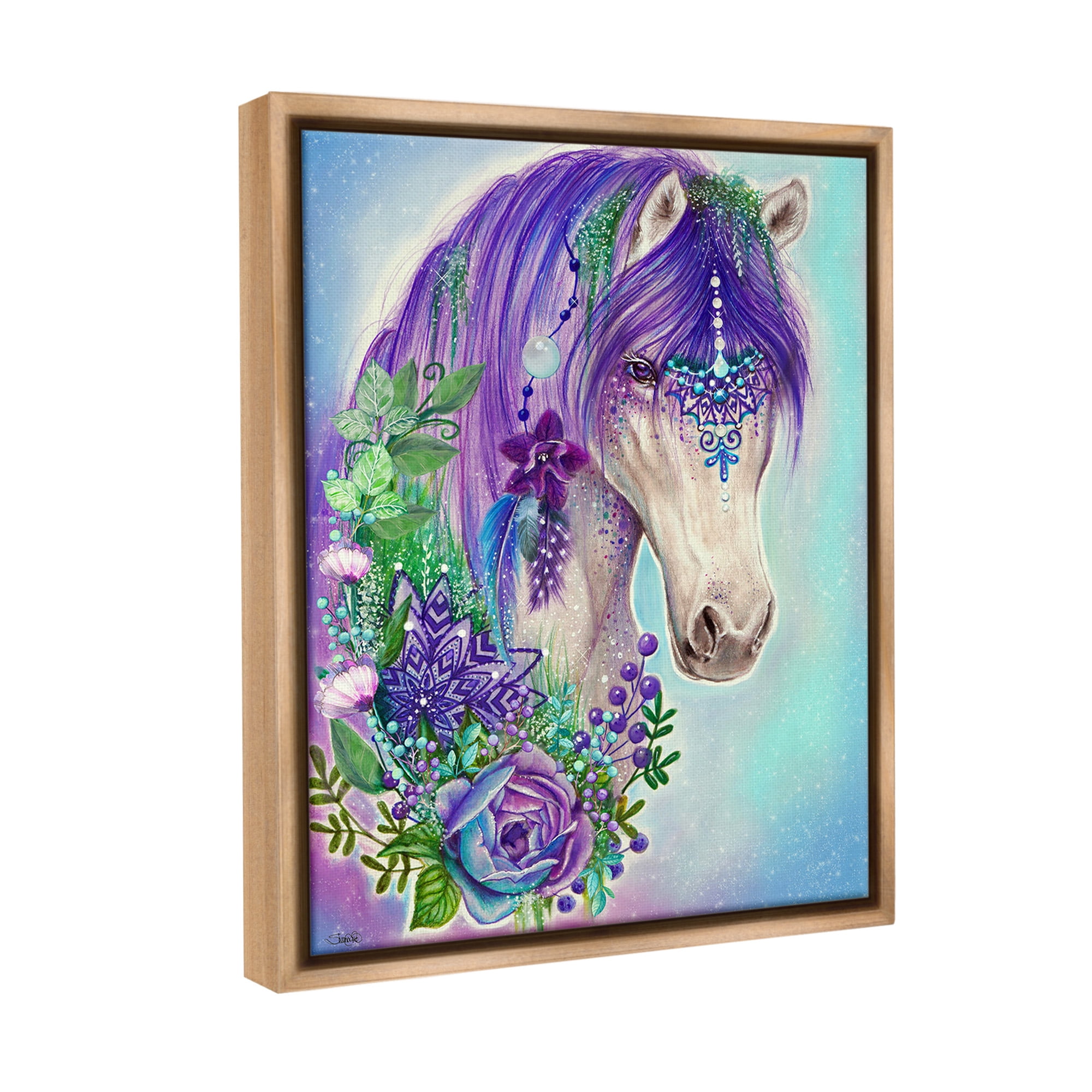 Stupell Industries Horse with Floral Garland Animals & Insects Painting Brown Floater Framed Canvas Art Print Wall Art, 25 x 31