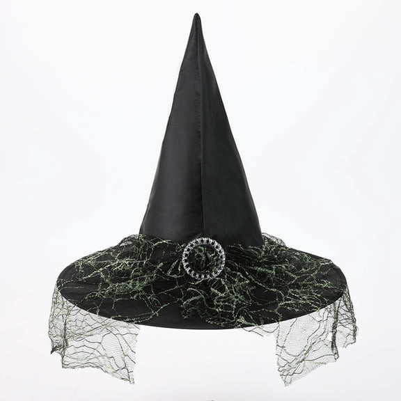 RUTAYY Girls Halloween Witch Hat Spider Web Pattern Mesh Veil Wide Brim Party Hats Green