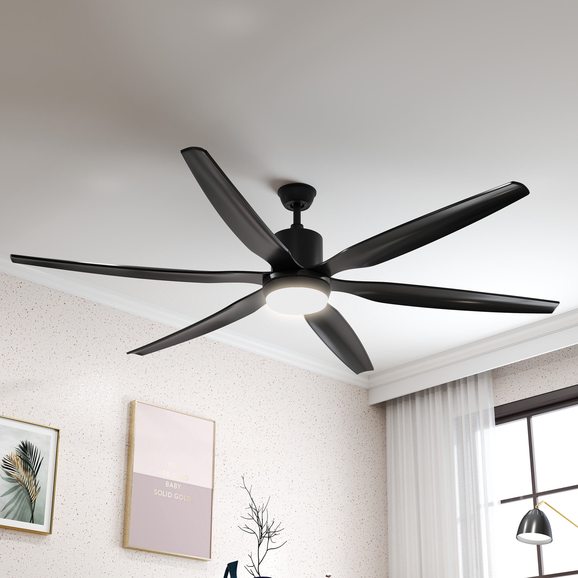 ModFusion 66-Inch Large Black Ceiling Fan with 6 Blades, Smart Control, LED Light, Reversible Quiet DC Motor, Remote & App Controlled