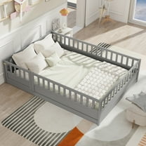 Miniyam Wood Full Size Floor Bed with High Fence, Door, Gray