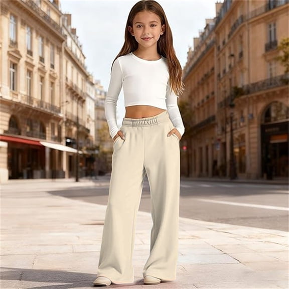 FYDUU Girls Sweatpants Straight Leg Casual Pants Back to School Comfortable Elastic Waist Sweatpant Soft Athletic Joggers for Kids Fashion Slacks 5-6 Years