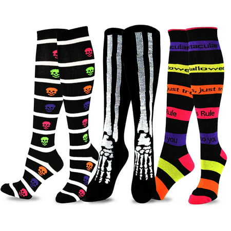 TeeHee Novelty Halloween Knee High Socks for Women 3-Pack (Bones ...