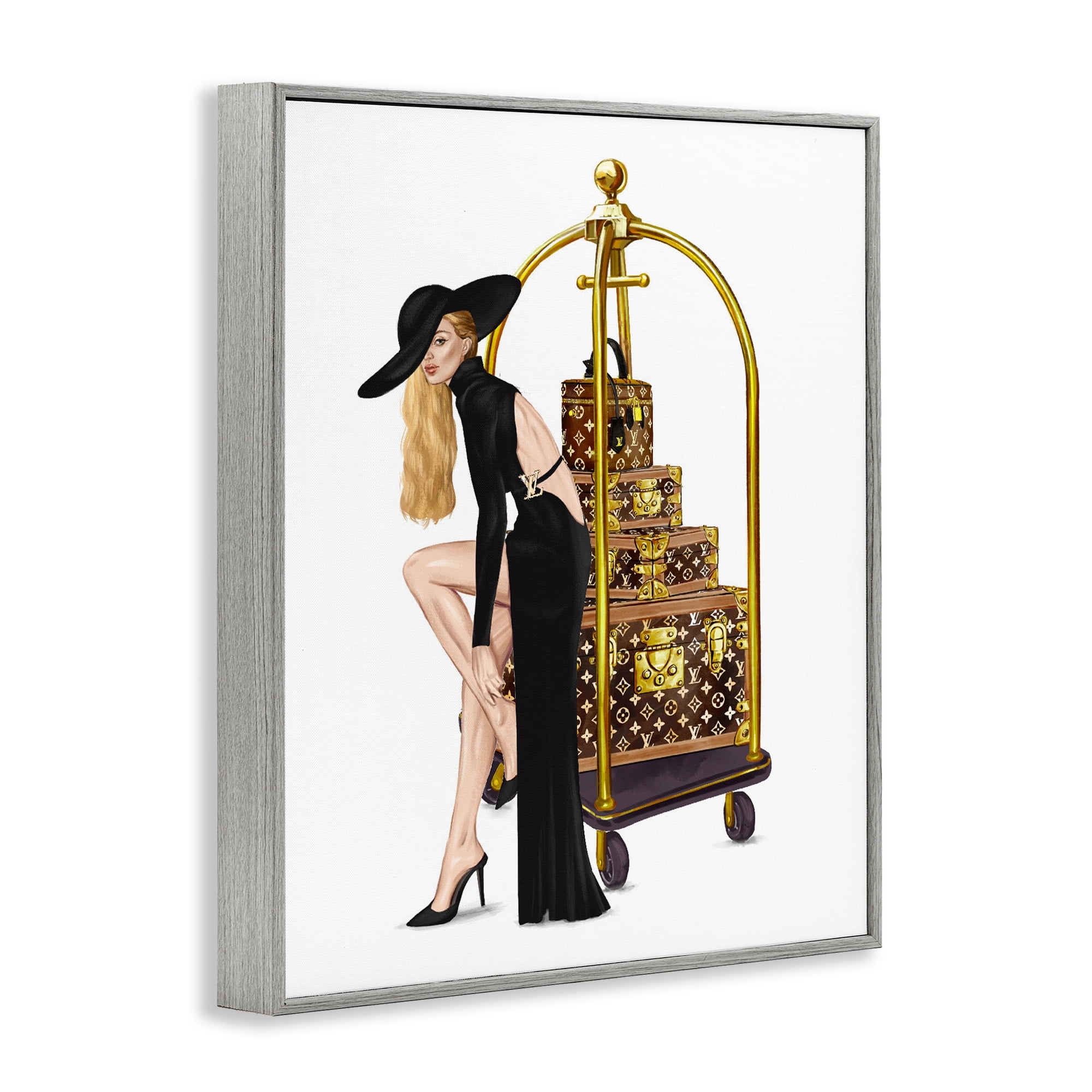Fashionista with Hotel Luggage Gray Framed Giclee Art, design by Ziwei Li