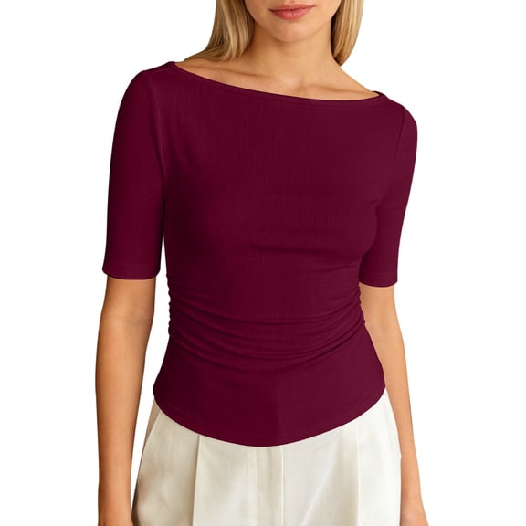 Yuanlong Women's Ruched Tshirts Boat Neck Elbow-Length Sleeve Solid Color Tees Loose Fit Daily Wear Holiday Tee Tops
