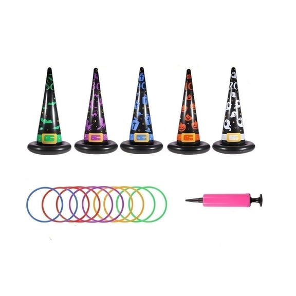 17 Piece Halloween Ring Toss Game Set, 5 Inflatable Witch Hats 10 Colorful Rings 1 Portable Air Pump, Halloween Games for Party, Indoor Outdoor Halloween Decorations for Students