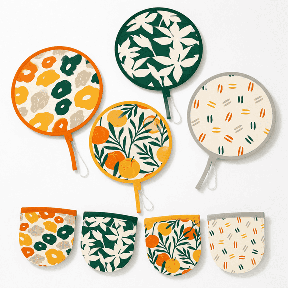 4 Pack Abstract Collapsible Handheld Round Fans - Compact Folding Cooling Fans with Storage Pouches for Outdoor Games, Party Decorations, and Concert Essentials
