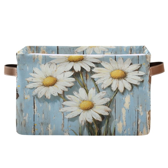 WOBOGO Elegant Daisy Square Storage Basket with Waterproof Canvas and PE Lining Durable PU Leather Handles 14.2×10.2×8.3in
