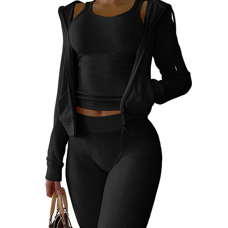 Niuer Ladies Tracksuit Set Full Zip 3 Pieces Outfit Solid Color Sweatsuits  Casual Jogger Sets Elastic Waist Black S 