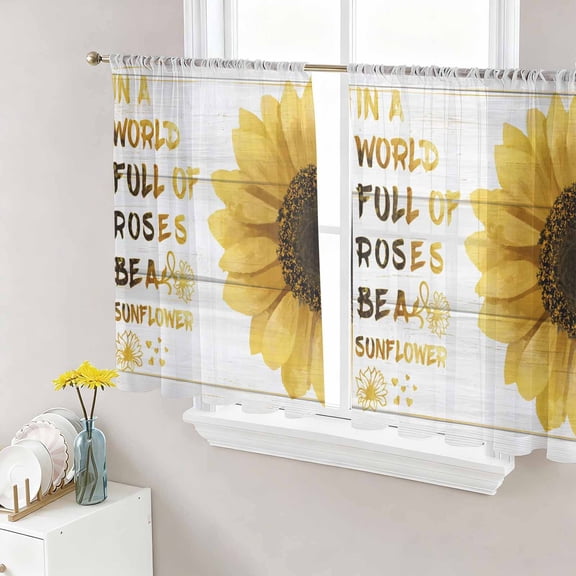 Sheer Curtains 45 Inch Length 2 Panels Set for Kitchen, Yellow Sunflowers Semi Sheer Curtains for Windows, You Are My Sunshine Wood Rustic Voile Window Treatments Rod Pocket Curtain