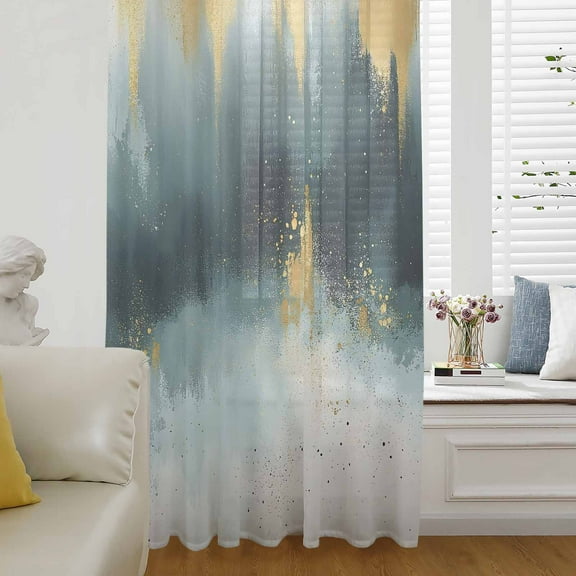 Modern Teal Gold Semi Sheer Curtains Drapes for Living Room, Bedroom, French Doors Window 54 Inches Long, Abstract Geometric Lines Rod Pocket Chiffon Curtain Drapery Voile Draperies Panel