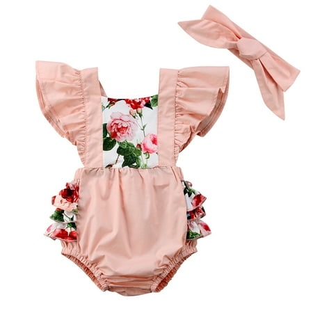 

Styles I Love Infant Baby Girls Ruffle Sleeves Flower Printed Cross Open Back Sunsuit Romper and Headband 2 pcs Summer Bodysuit Outfit (Rose Pink 90/12-18 Months)