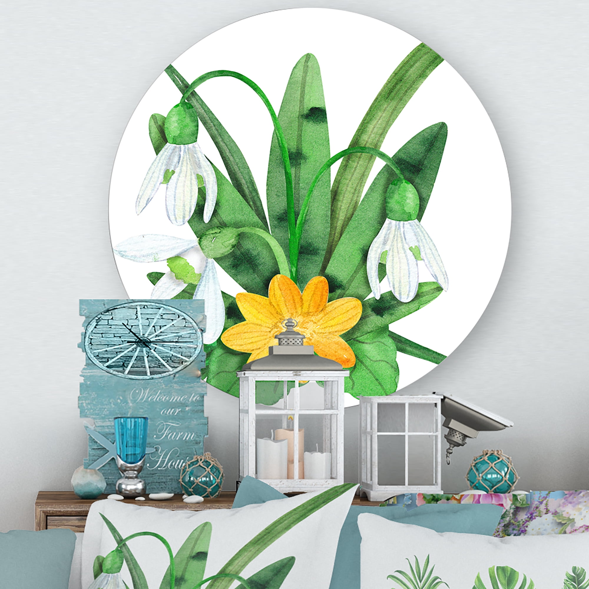 Designart 'Snowdrops and Yellow Erantis VIntage Flowers' Traditional Circle Metal Wall Art 23x23 - Disc of 23