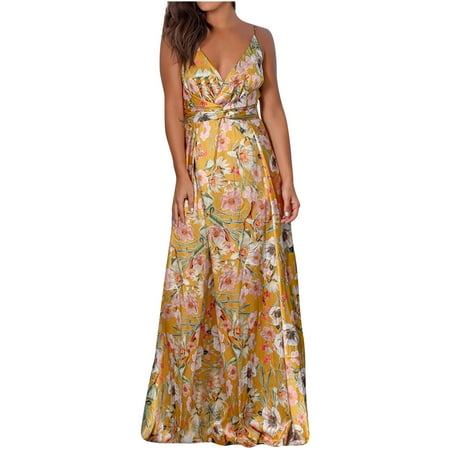 

Inkach Women Sleeveless Bohemian V-Neck Sling Print Floral Beach Long Dresses