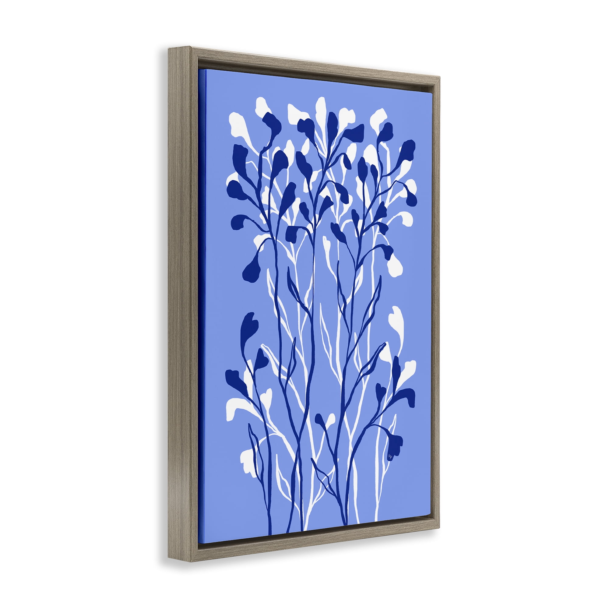 Stupell Industries Blue Intertwining Sprigs Plants & Flowers Painting Brown Floater Framed Canvas Art Print Wall Art, 17 x 25