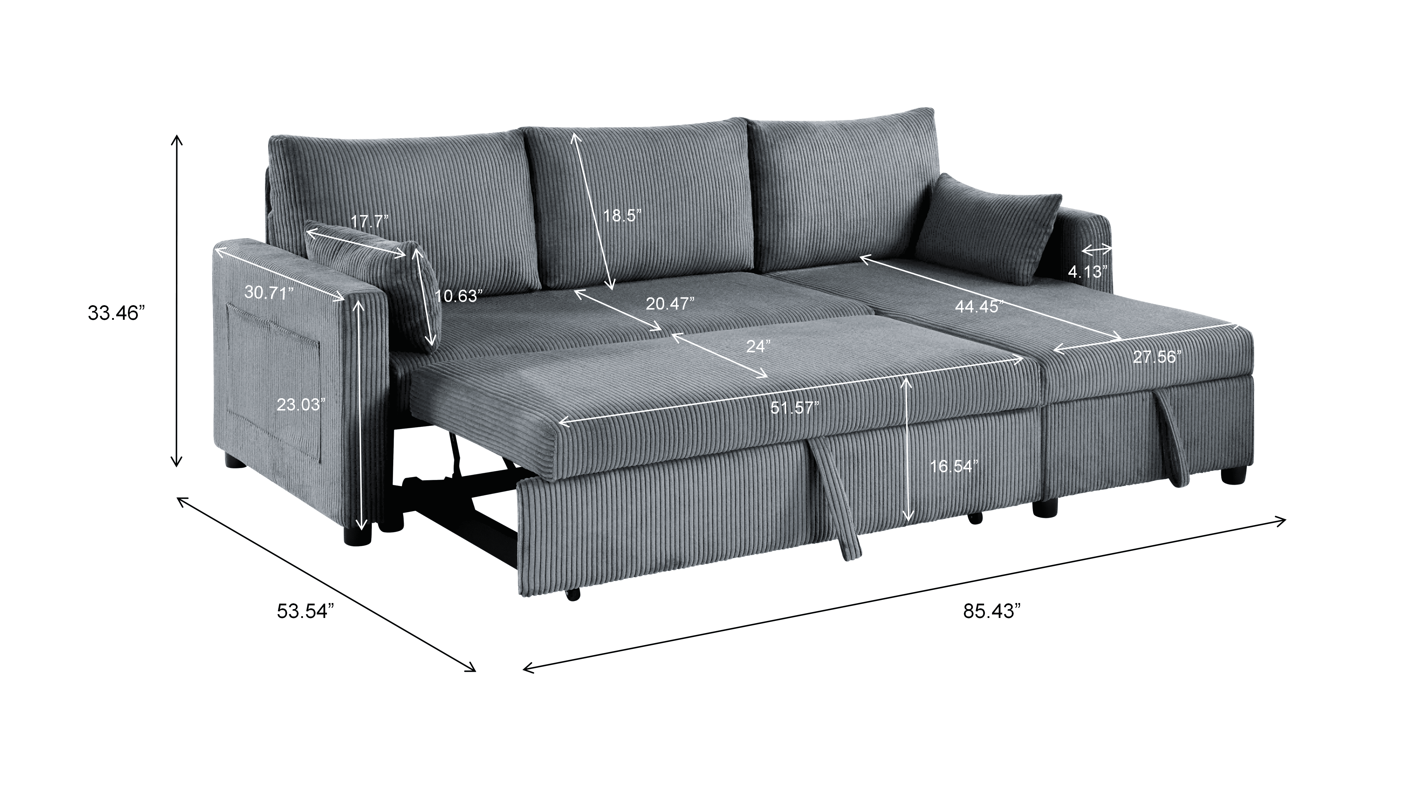 Gewnee 3-Seater Corduroy Sectional Pull Out Sleeper Sofa Bed with Storage, Couch for Living Room, Apartment, Office, Dark Gray
