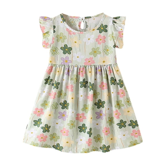 Rggeeun Toddler Summer Chiffon Floral Print Full Print Flared Baby Girl's Blouse Style Dress With Full Sleeves Stylish Casual O-Neck Sundress