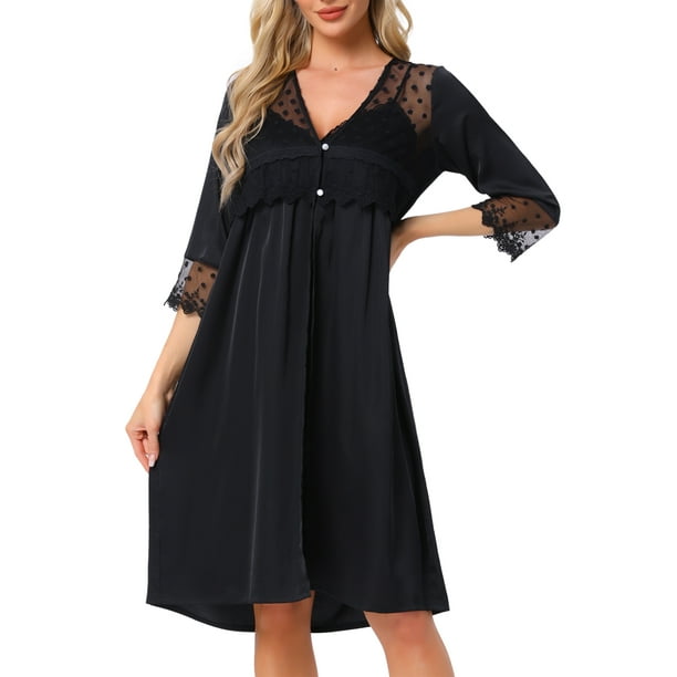 Camisón de satén sedoso para mujer INSPIRE CHIC y conjunto de bata de encaje de 3/4 de manga 2 piezas pijamas M negro