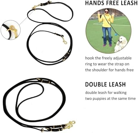 Multi Function 8ft Genuine Leather Hands Free Dog Training Leash for Puppy Small and Medium Dogs (8 Foot*3/8 inch, Black)