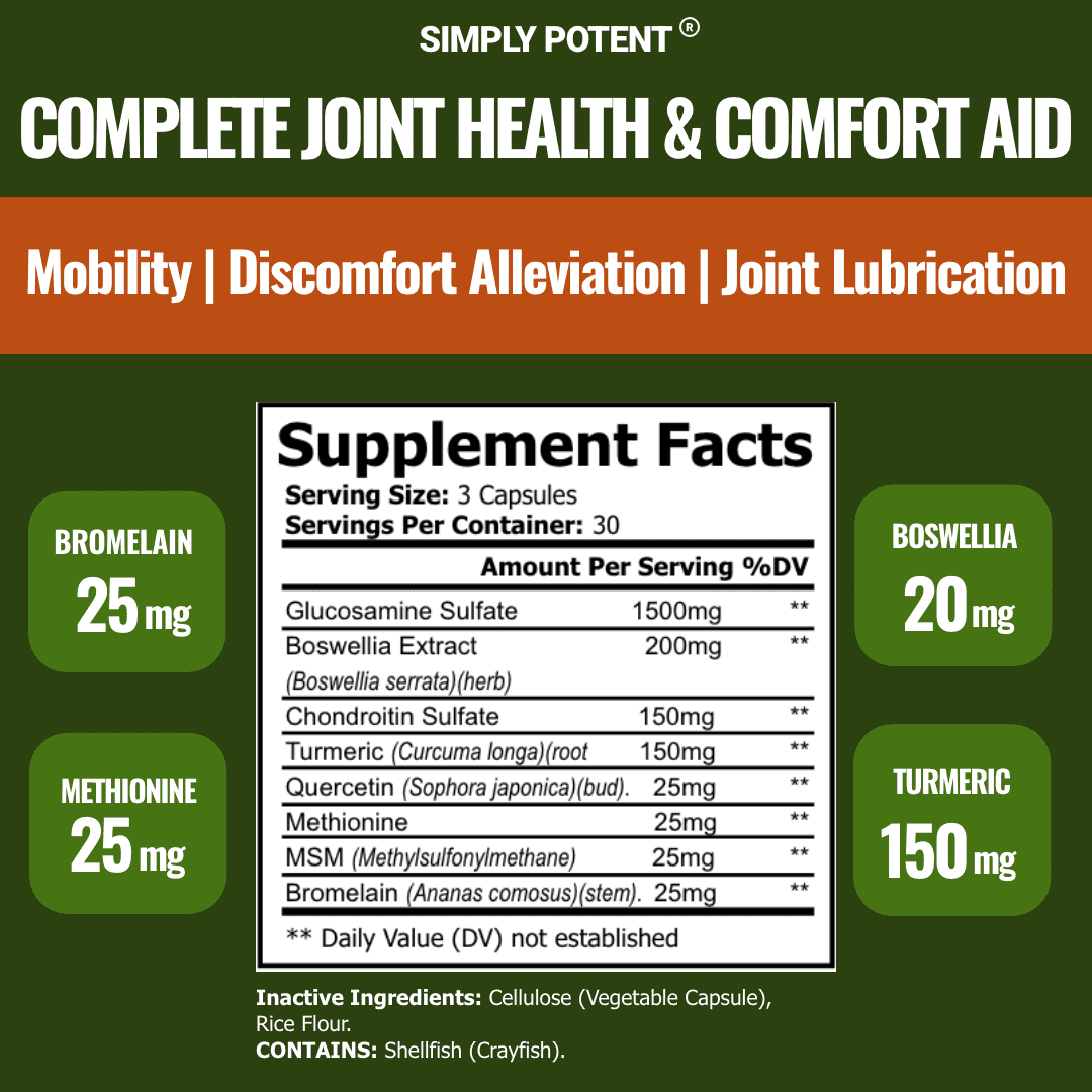 Simply Potent Glucosamine with Chondroitin, Turmeric, MSM & Boswellia,Supports Joint Health&Discomfort Relief,Assists Bone and Cartilage Health,Supplement for Back,Knees,Hands,90 Capsules (Pack of 2)