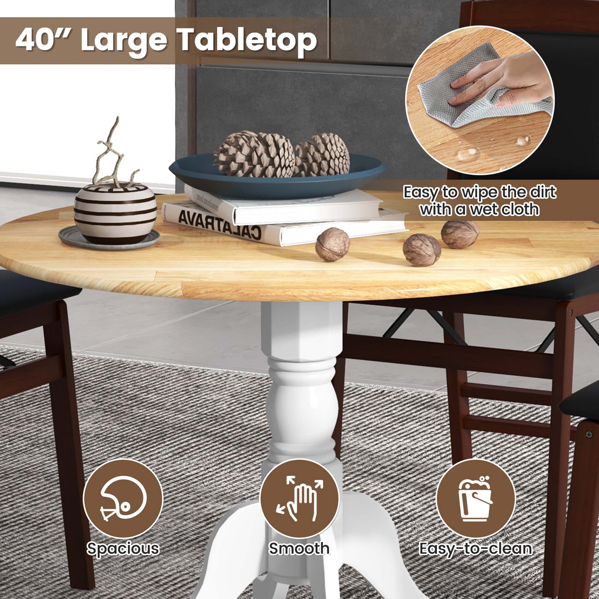 Costway 4-Person Dining Table Wooden Kitchen Table with Solid Rubber Wood Frame for Kitchen White&Natural