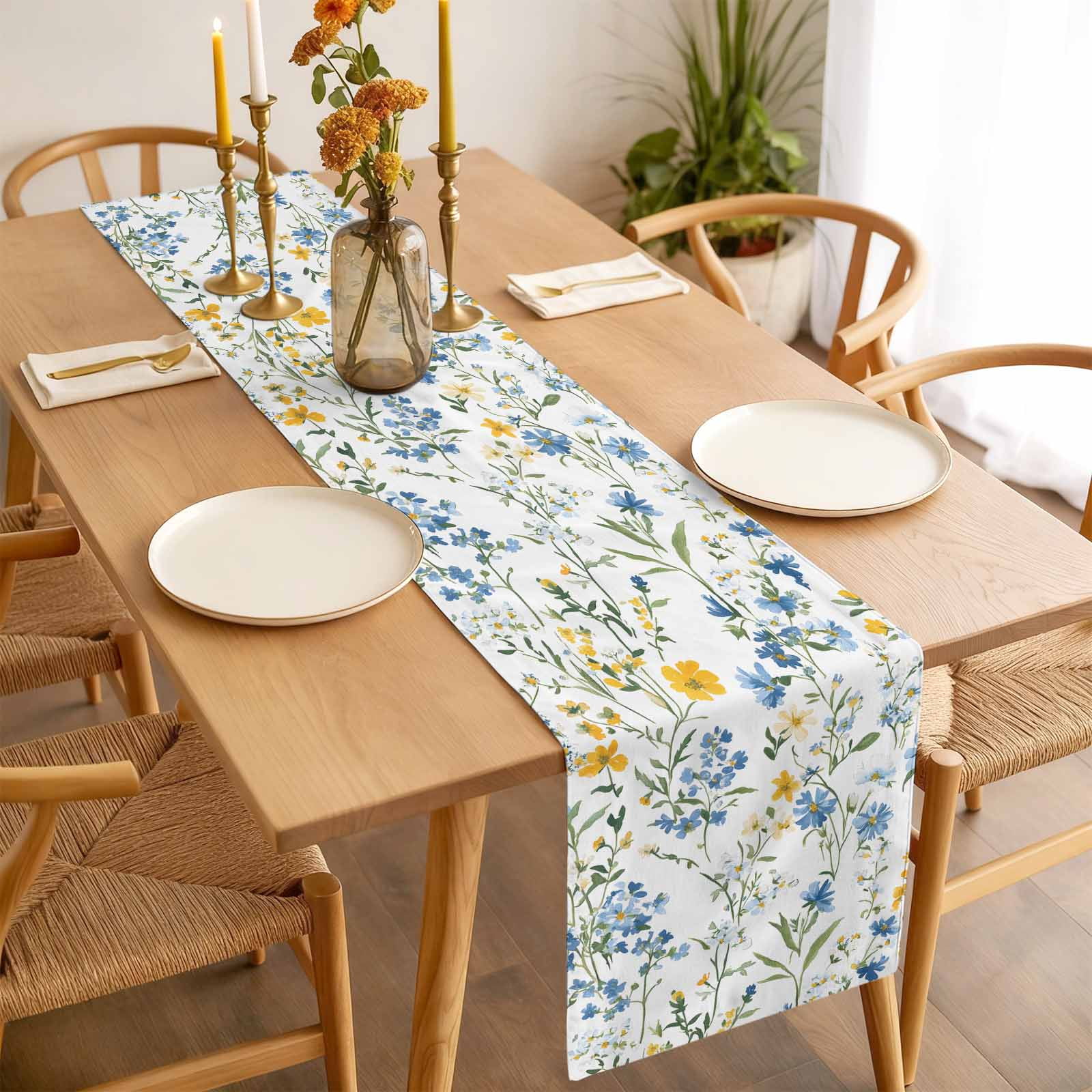 Spring Floral Cotton Linen Table Runner Blue Yellow Wildflower Green Leaves Rustic Dining Table Runners for Home Decor Party Dining Room Restaurant Kitchen 13" x 108"