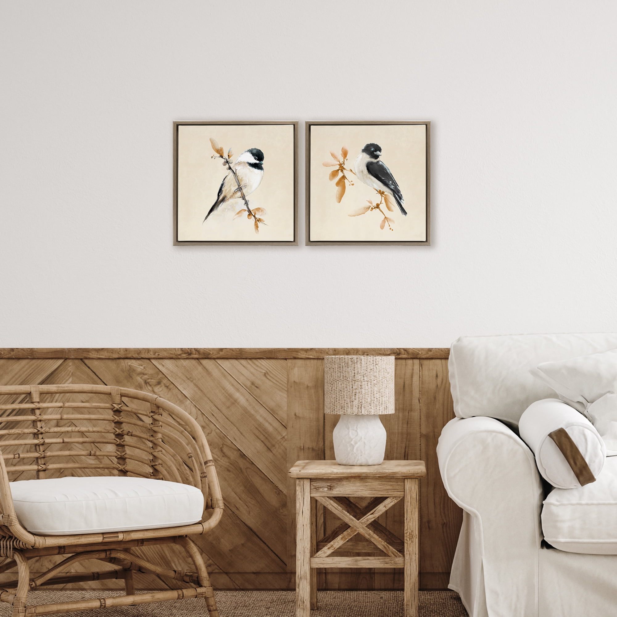 Stupell Industries Muted Chickadees on Beige 2 Piece Brown Framed Floater Canvas Set, design by Diannart