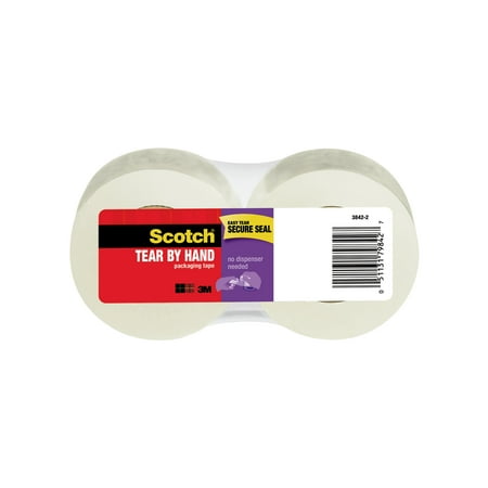 Scotch Tear By Hand Packaging Tape, Clear, 1.88" x 50 yd., 2 Rolls