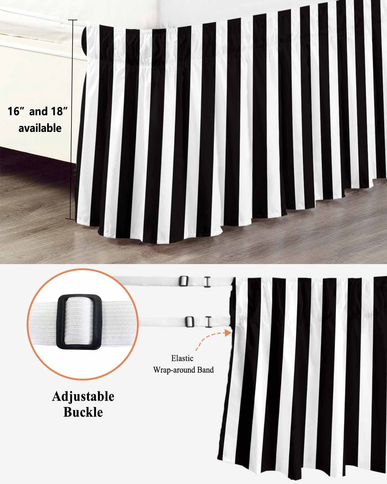 Black and Bed Skirt King Size 16" Drop White Stripe Ruffled Wrap Around Bed Skirts Adjustable Elastic Bedskirt Dust Ruffle for King Size Bed