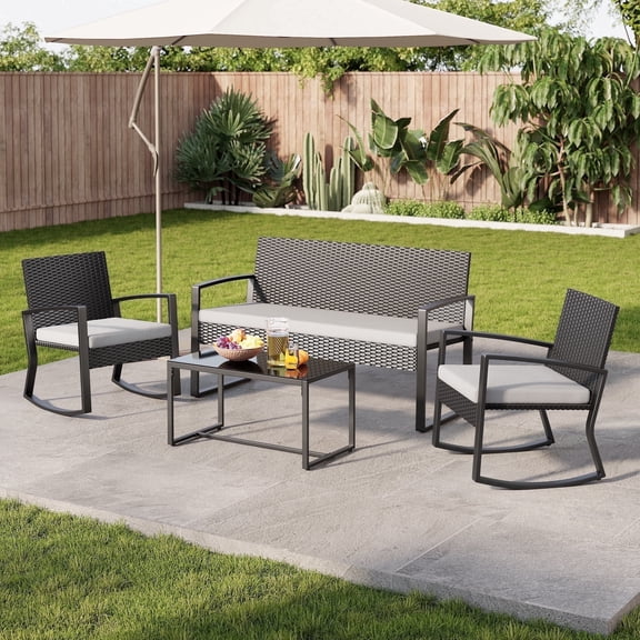 4 Piece Outdoor Patio Furniture Set, Noelse Wicker Conversation Set with 2 Rocking Chairs, Glass Coffee Table & Removable Cushions, Gray